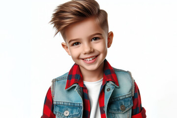 Happy hipster child boy with fashion haircut Isolated on white background