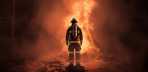 Wall Mural - Firefighter in a fire fighting action.