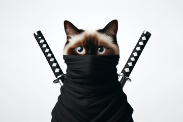 a cat ninja in a black mask with swords Isolated on white background copy space