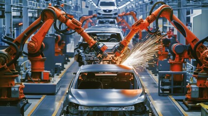 In a contemporary production line, advanced industrial robots are efficiently welding car frames, demonstrating the precision and cuttingedge robotic technology in automotive manufacturing