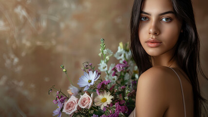 Wall Mural - close up of a pretty young woman with colorful flowers, young woman on flower background, pretty young girl