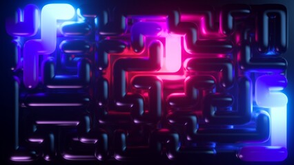 Wall Mural - 3d render, abstract background. Pink blue bright neon light inside the labyrinth, ultraviolet maze glowing in the dark