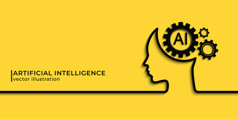 Fototapete - human face with gears. Artificial intelligence technology concept design, Machine learning and generation by chip, AI chatbot service. Vector illustration for banner and web template.