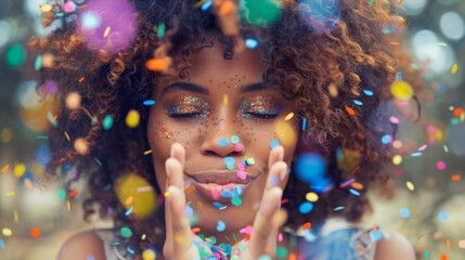 Canvas Print - Woman Blowing Colorful Confetti