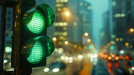 Wall Mural - Close-up of a traffic light showing the green light, signaling for cars to move, with a blurred cityscape in the background.