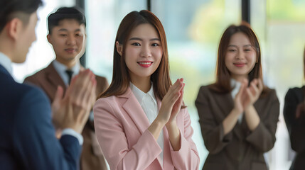 Poster - Asian young pretty professional successful businesswoman staff standing greeting say thank you when finishing presentation while male and female colleagues clapping hands together admire compliment.