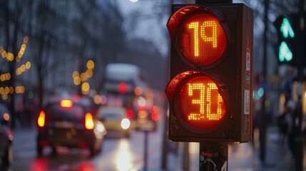 Aufkleber - Close-up of a traffic light with a countdown timer for pedestrians, showing seconds left to cross.