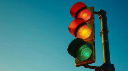 Wall Mural - Close-up of a traffic light with red, yellow, and green lights illuminated, set against a clear blue sky.