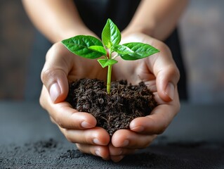 A person is holding a small plant in their hands. The plant is a seedling and is growing in soil. Concept of nurturing and care for the plant as it grows