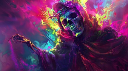 skeleton with colorful smoke bomb in the background colorful style art