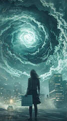 Wall Mural - a corporate strategist with a document in hand, her back to the viewer, as she stands amid a symboli