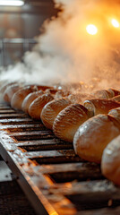 Poster - the detailed textures of bread with a soft, warm light enhancing the steam rising from the loaves as they emerge from an industrial oven onto the conveyor.