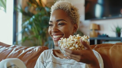 Women on couches, popcorn, humor and entertainment movies, streaming service, and home relaxation. Online membership, female, amusing movie or series, cinema snack