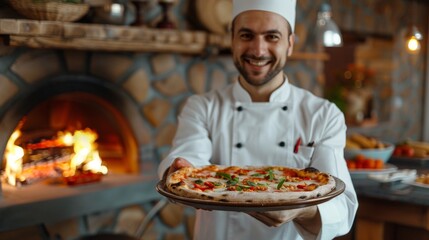 Wall Mural - A Chef Presenting Fresh Pizza