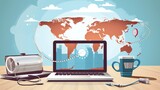 Fototapeta Niebo - Concept of international medical travel insurance featuring an airplane, computer, passport, stethoscope, and desk office banner with a world map