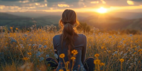 Woman sitting in a summer meadow at sunrise