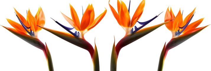 Set of Strelitzia reginae or bird of paradise flowers isolated on a white background as a cutout PNG file