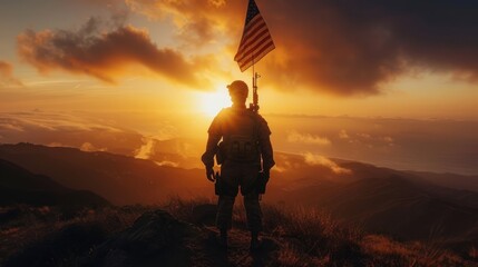 Soldier's Silhouette on United States Flag at Sunset