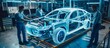 © YURIMA - Engineers are collaborating on a futuristic car prototype with a holographic overlay in a hightech lab, focusing on innovation and technology in automotive research and development