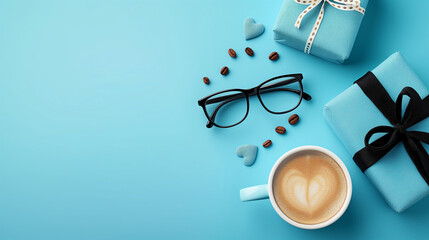 All accessories of Father's day concepts isolated on blue background which top view. Glasses, Black mustache, Necktie, A cup of coffee and the blue box present. Generative AI Illustrations.