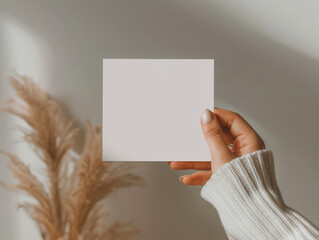 Hand holding a 5x7 inch card mockup, perfect for showcasing custom designs, invitations, or promotional materials. The blank card offers ample space for personalized content.