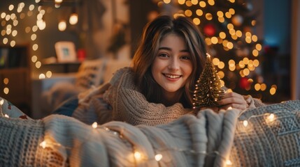 isolated on an illuminated indoor background is a lovely, cute girlfriend with brown hair who is sit