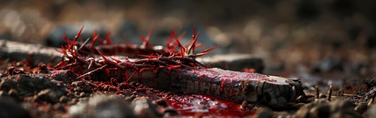 Wall Mural - Passion of Christ: Easter Background with Crown of Thorns, Rusty Nails, Blood, and Wooden Cross on the Ground