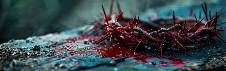 Wall Mural - Passion of Christ: Easter Background with Crown of Thorns, Rusty Nails, Blood, and Wooden Cross on the Ground