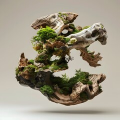 organic object made of wood and moss and vegetation perfectly blended mixed together in a exotic shape floating in the air