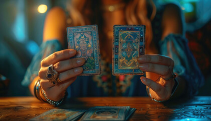 A woman is holding two tarot cards in her hands by AI generated image