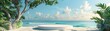 © ratchadawan - White round podium displayed on sand, big tree branch and green tropical leaves, blue sky background, minimalistic style