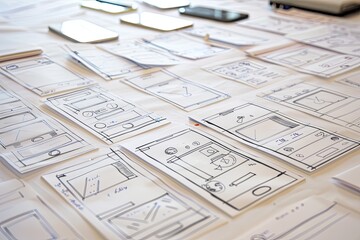 concept sketches and storyboards depicting user interactions and user interface (ui) designs for mob