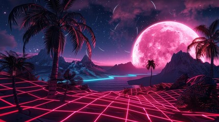 Wall Mural - 3D rendering of synthwave landscape with neon grid, palm trees and full moon. Retro wave background