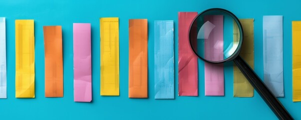 Poster - magnifying glass and financial papers with a colorful bar graph on a blue background, in a flat lay. concept of business research