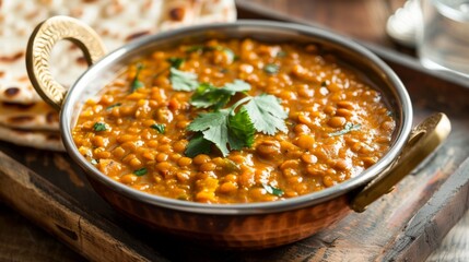 Wall Mural - Steaming hot bowl of dal tadka, a comforting Indian lentil curry, served with roti bread and garnished with cilantro.