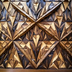 Wall Mural - a beautiful wooden inlay with a pattern of light and dark triangles, forming a veneer textured antique geometric ornament. This wooden art decoration template combines elegance and tradition