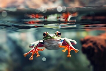 Cute frog swimming underwater 