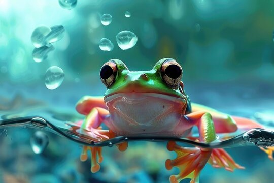 a frog sits underwater with bubbles in the background.