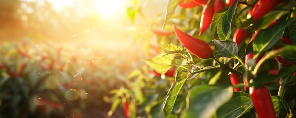 Wall Mural - Red chilli pepper grow on the bio farm with lot of sun, vegetables healthy food banner. Generative Ai