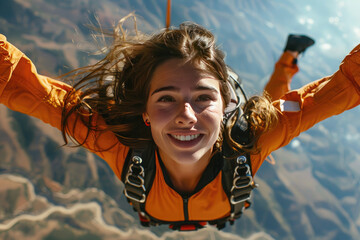 A happy girl on adrenaline, screaming with pleasure, jumped from a bird's eye height. Skydiving. Bungee jumping. Vivid emotions