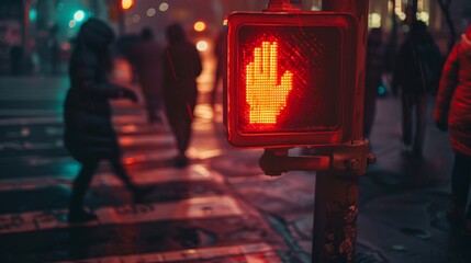 Aufkleber - Traffic light at a crosswalk with the red hand signal illuminated, with people waiting to cross the street.
