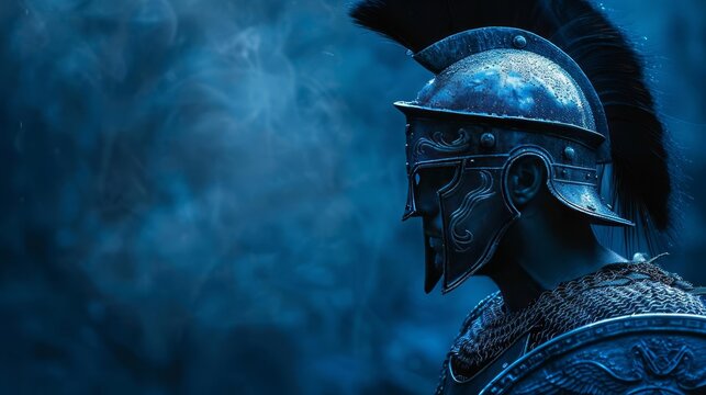 A spartan warrior stands ready for battle. He is wearing a helmet, shield, and spear. His face is determined and focused. He is ready to fight for his life.