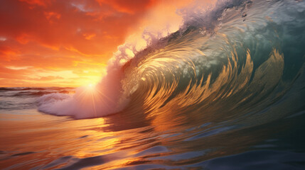 Wall Mural - Vibrant sunset or sunrise with large wave crashing on beach under colorful clouds