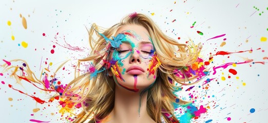 Wall Mural - A woman with a colorful face paint is the main focus of the image