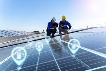 renewable,Energy,sustainable.technician professional engineer control checking top view of installing solar roof panel on the factory rooftop under sunlight.Engineers holding tablet check solar roof.