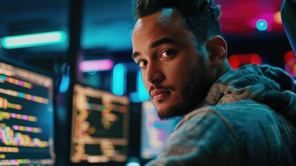 The picture of the software developer or programmer working with the computer and data inside the dark room with monitor, the developer require skills like problem solving and program language. AIG43.