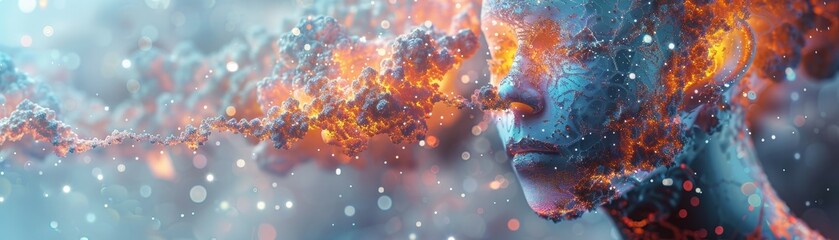 Canvas Print - A woman's face is shown in a blurry, abstract style with a blue background
