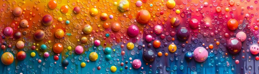 Wall Mural - A colorful painting of many small round objects, with a blue background
