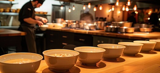 Wall Mural - With skillful hands, a chef works to prepare a multitude of soup bowls, ensuring each one is filled with savory goodness.