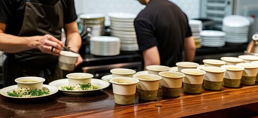 Amidst the hustle and bustle of the kitchen, a chef expertly ladles out numerous bowls of soup, ready to satisfy hungry appetites.